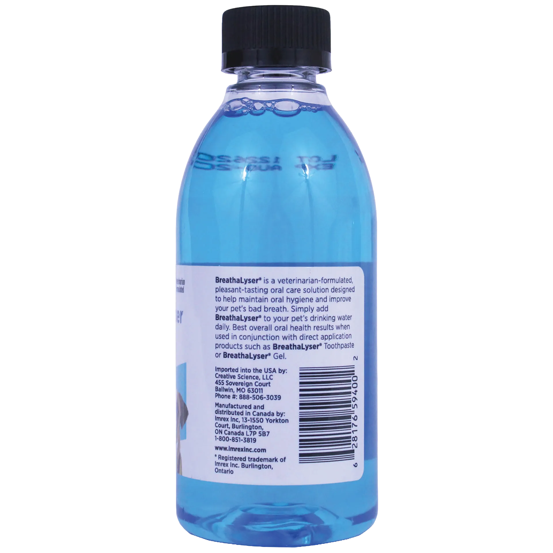 Breathalyser® Drinking Water Additive for Dogs and Cats,"Blue bottle with black cap, back label view"