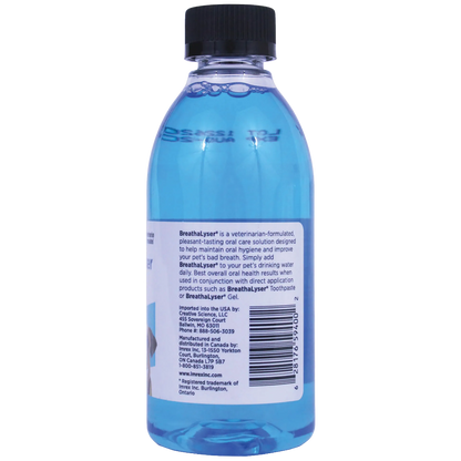 Breathalyser® Drinking Water Additive for Dogs and Cats,"Blue bottle with black cap, back label view"