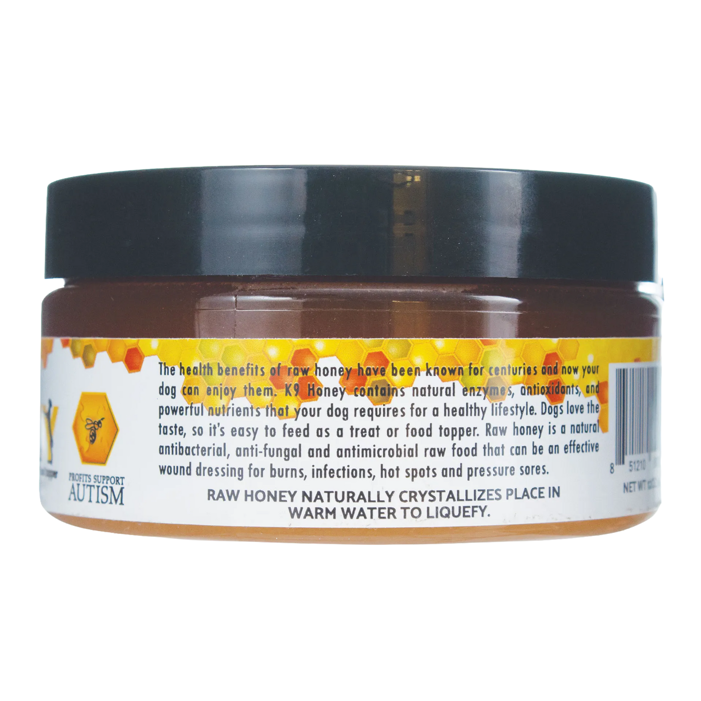 K9 Honey,"Amber honey jar with black lid, back label view"