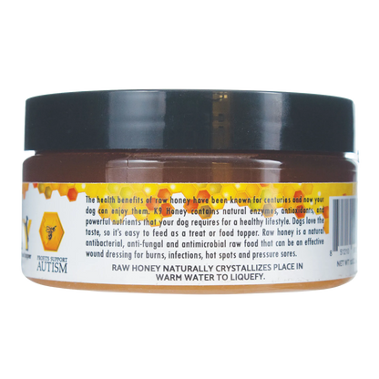 K9 Honey,"Amber honey jar with black lid, back label view"