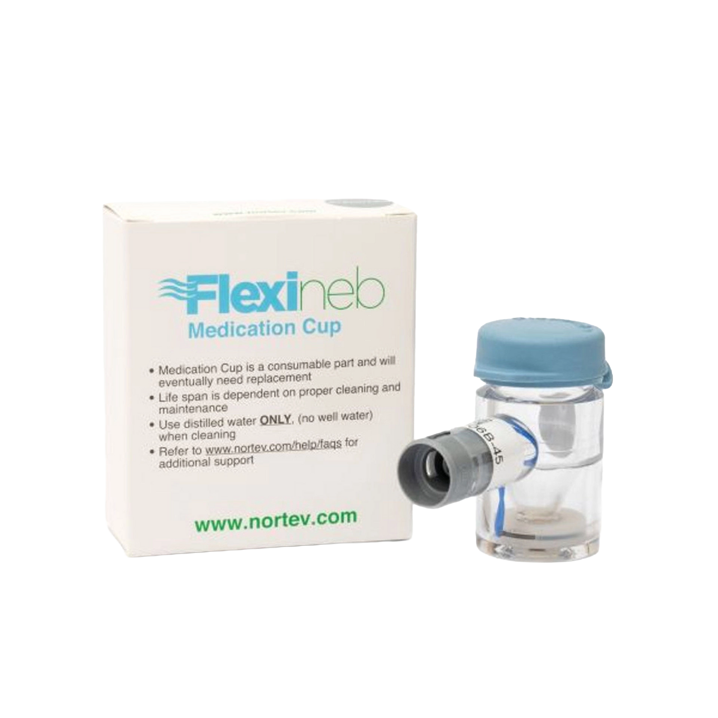 Flexineb® Medium Medication Cup,"Clear medication cup with blue cap and attached nozzle beside box"