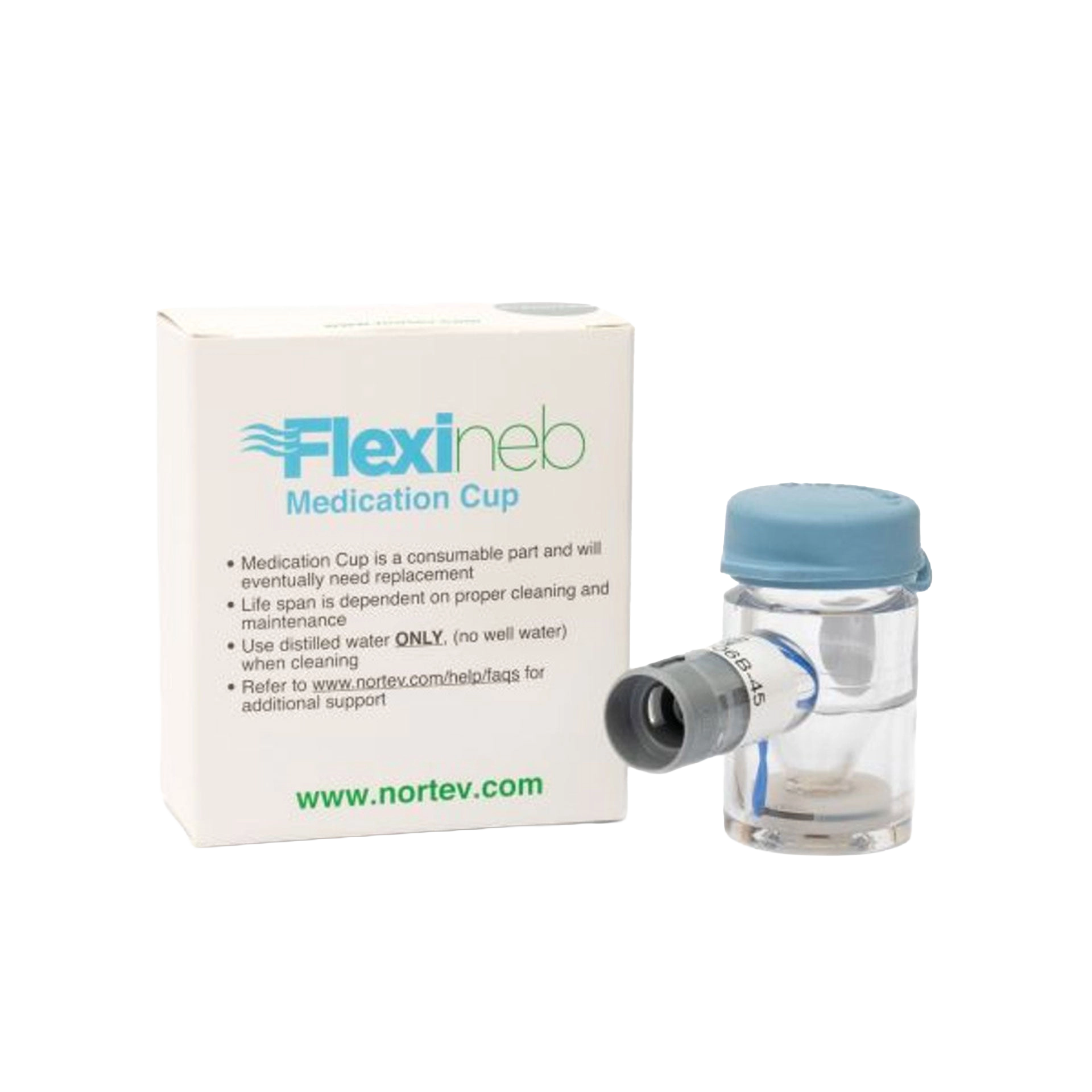 Flexineb® Medium Medication Cup,"Clear medication cup with blue cap and attached nozzle beside box"