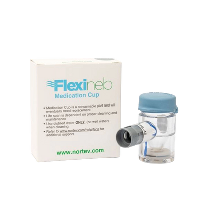 Flexineb® Medium Medication Cup,"Clear medication cup with blue cap and attached nozzle beside box"