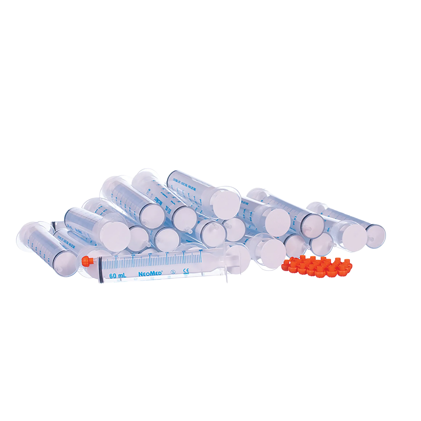O-Ring Syringe,"Grouped clear 60 mL syringes with orange caps"