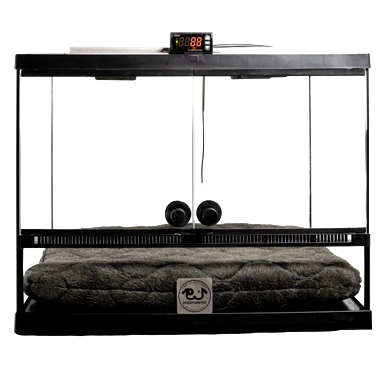 Puppywarmer® Puppy Incubator,"Glass-front incubator with digital display and gray bed"