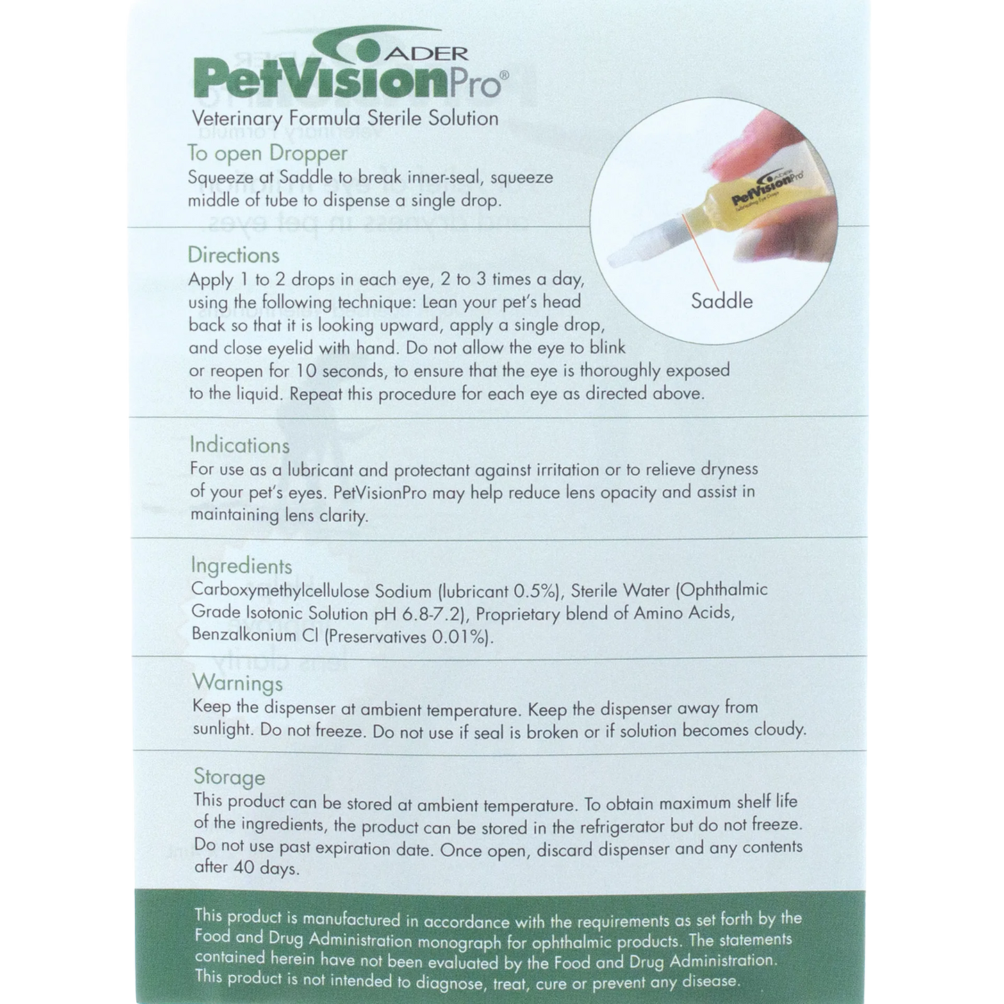 PetVisionPro®,"Back label close-up with dropper tip and directions panel"
