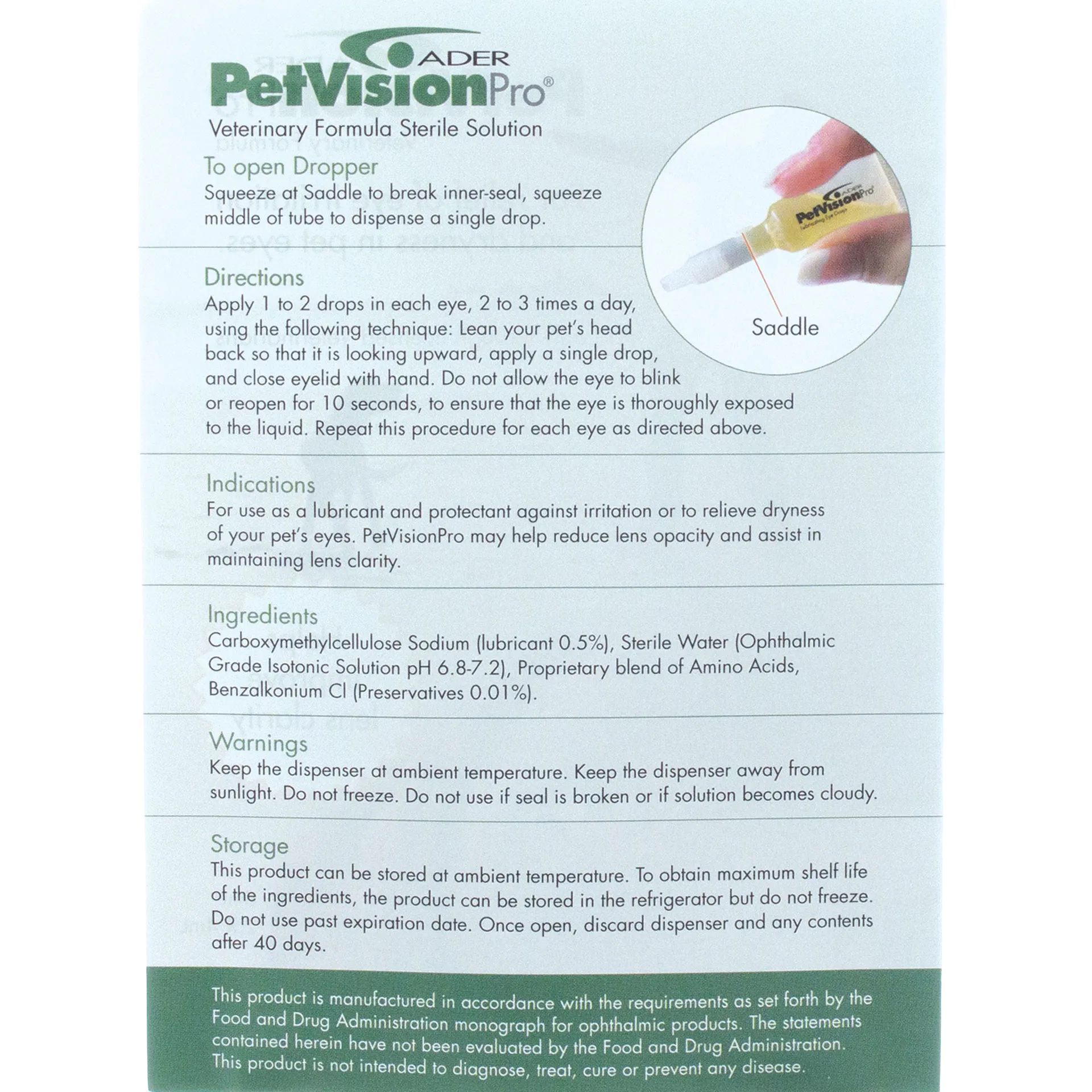 PetVisionPro®,"Back label close-up with dropper tip and directions panel"