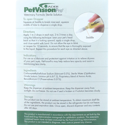PetVisionPro®,"Back label close-up with dropper tip and directions panel"