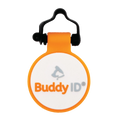 BuddyID® BuddyBadge® Silicone Collar Tag,"Round orange and white collar tag with black clip"