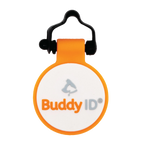 BuddyID® BuddyBadge® Silicone Collar Tag,"Round orange and white collar tag with black clip"