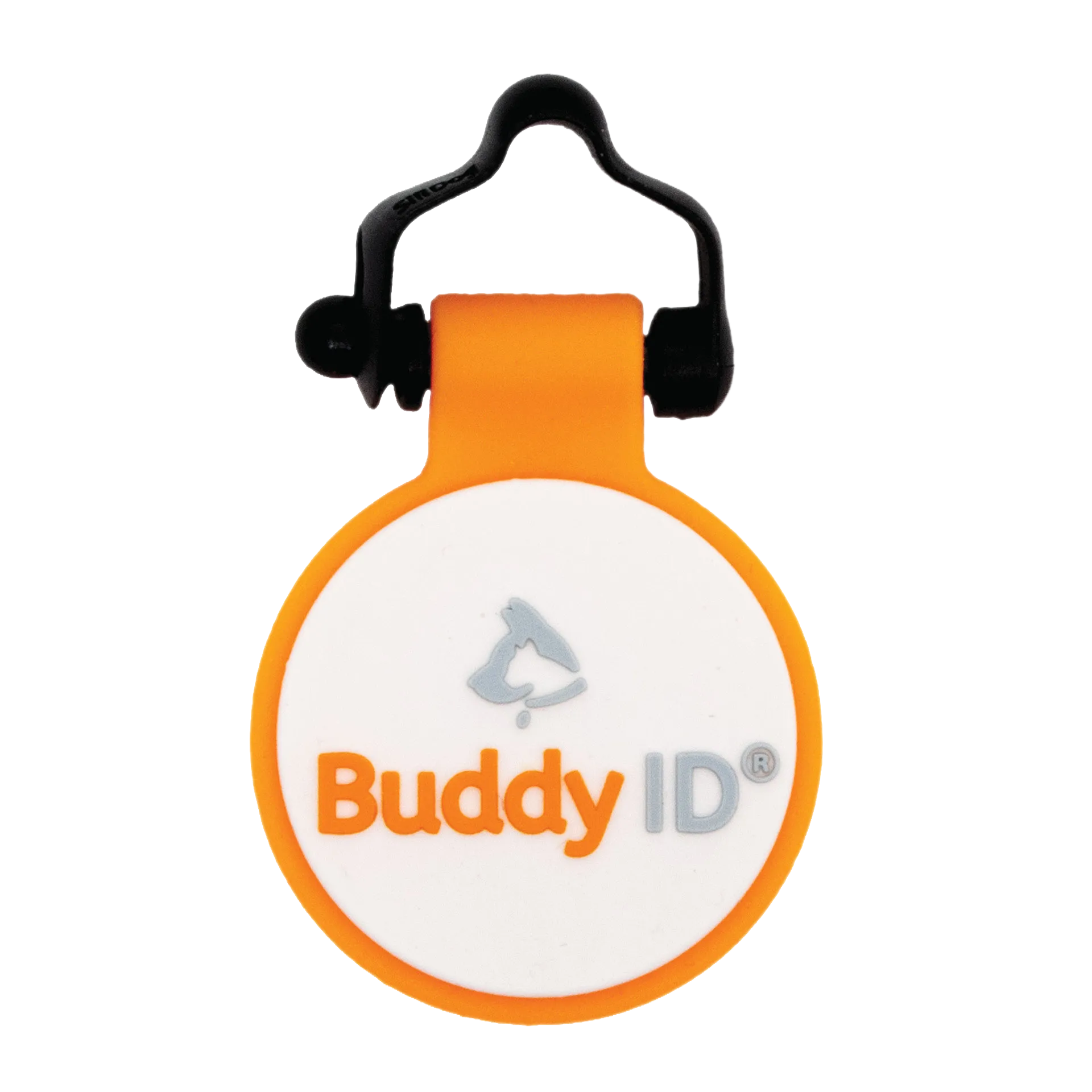 BuddyID® BuddyBadge® Silicone Collar Tag,"Round orange and white collar tag with black clip"