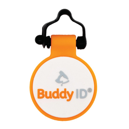 BuddyID® BuddyBadge® Silicone Collar Tag,"Round orange and white collar tag with black clip"