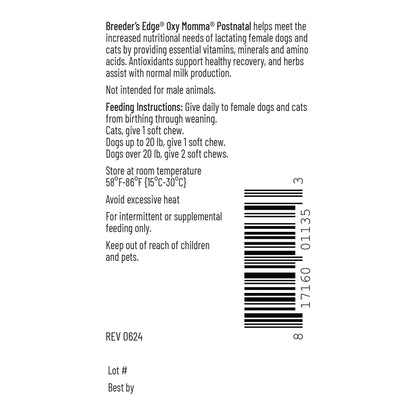 Breeder's Edge® Oxy Momma®,"Back label view of product packaging with barcode"