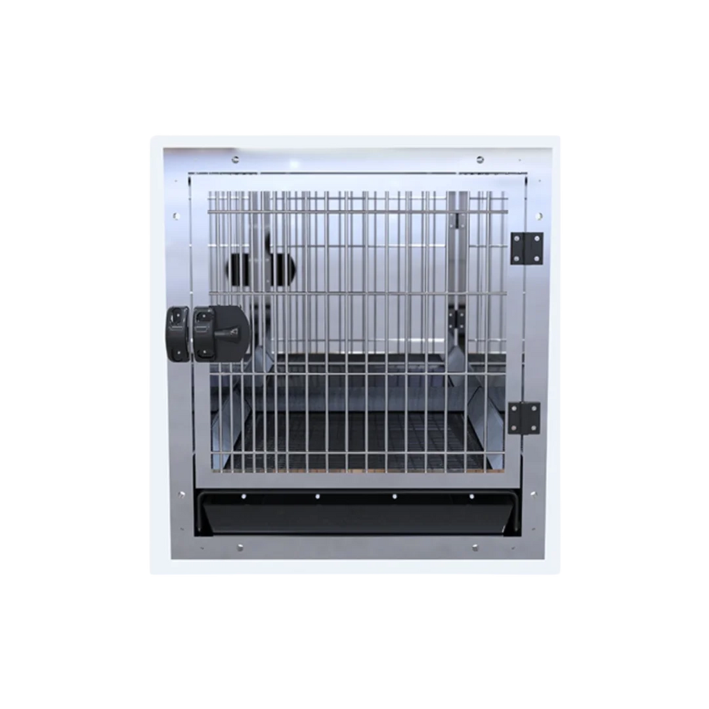 Stainless Steel Cage Module by Waggz,"Front view of barred cage with black tray"