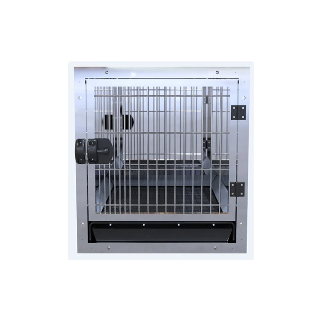 Stainless Steel Cage Module by Waggz,"Front view of barred cage with black tray"