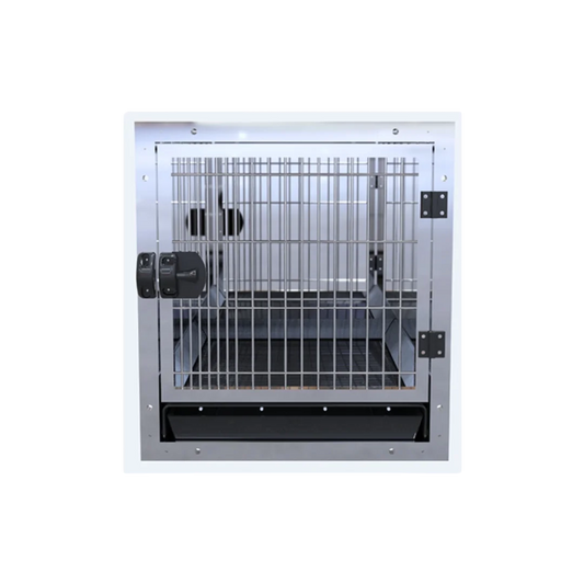 Stainless Steel Cage Module by Waggz,"Front view of barred cage with black tray"