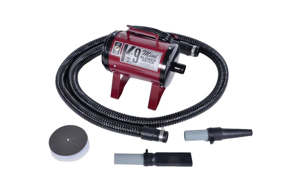 Mini K-9 Dog Dryer,"Red blower dryer with hose and nozzle attachments"