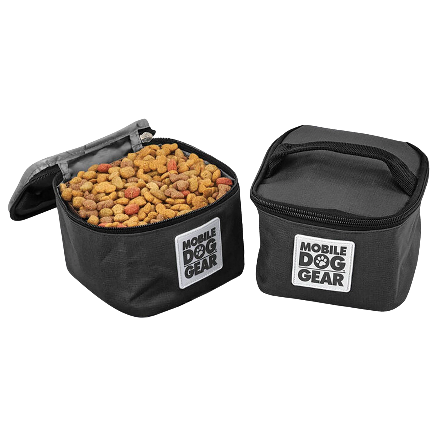 Replacement Insulated Dog Food Carriers,"Two black insulated carriers, one open with kibble inside"