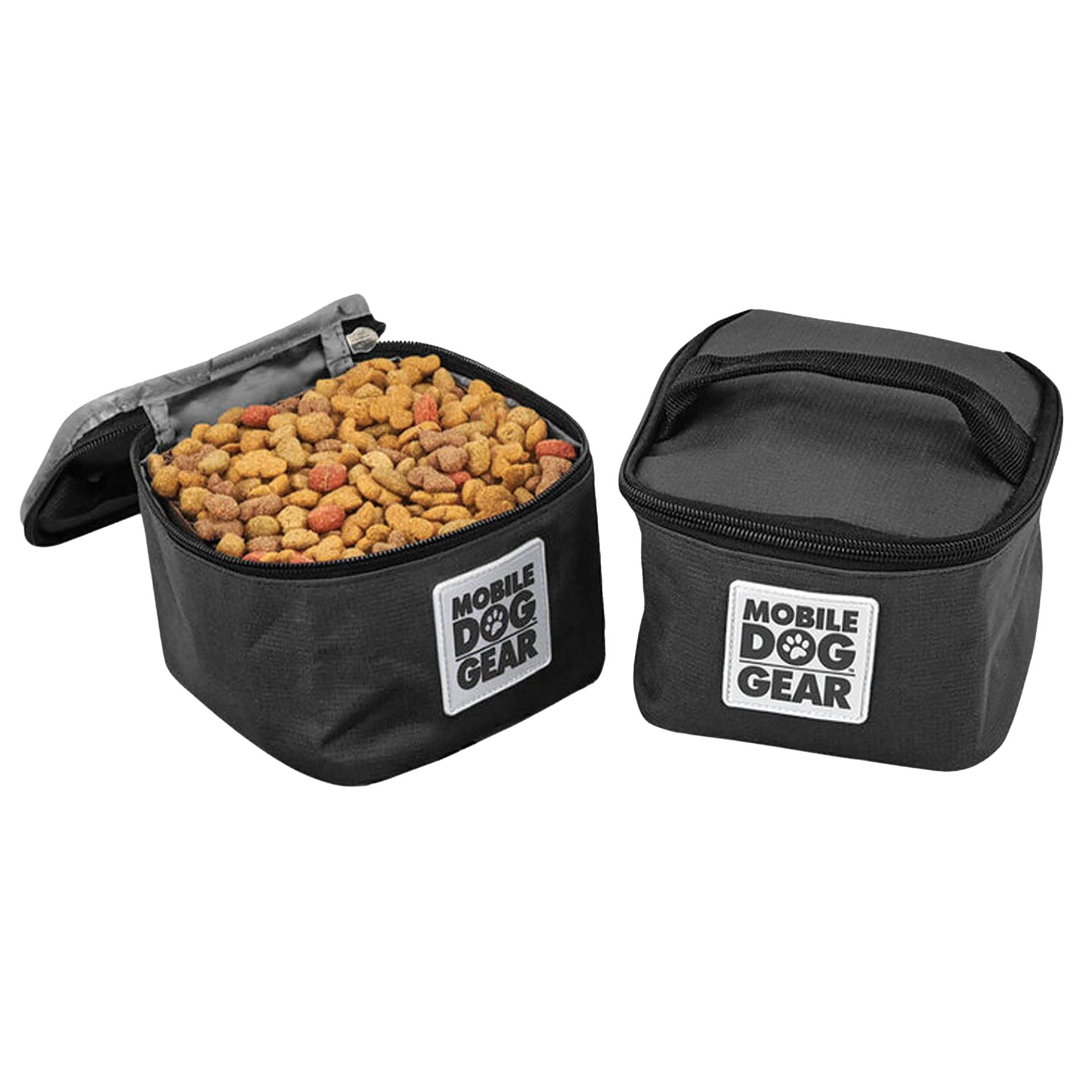 Replacement Insulated Dog Food Carriers,"Two black insulated carriers, one open with kibble inside"