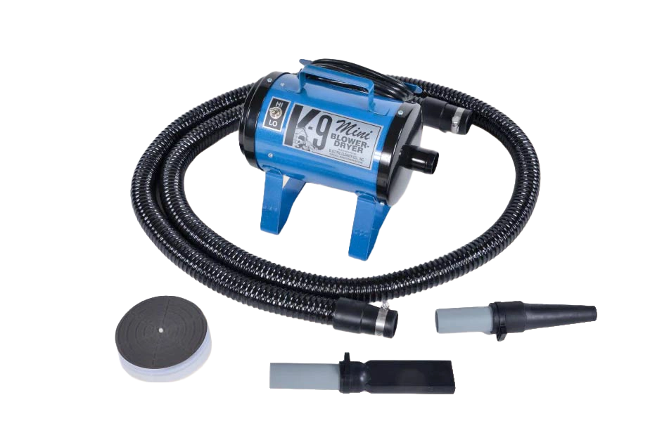 Mini K-9 Dog Dryer,"Blue dryer with flexible hose and nozzle attachments"