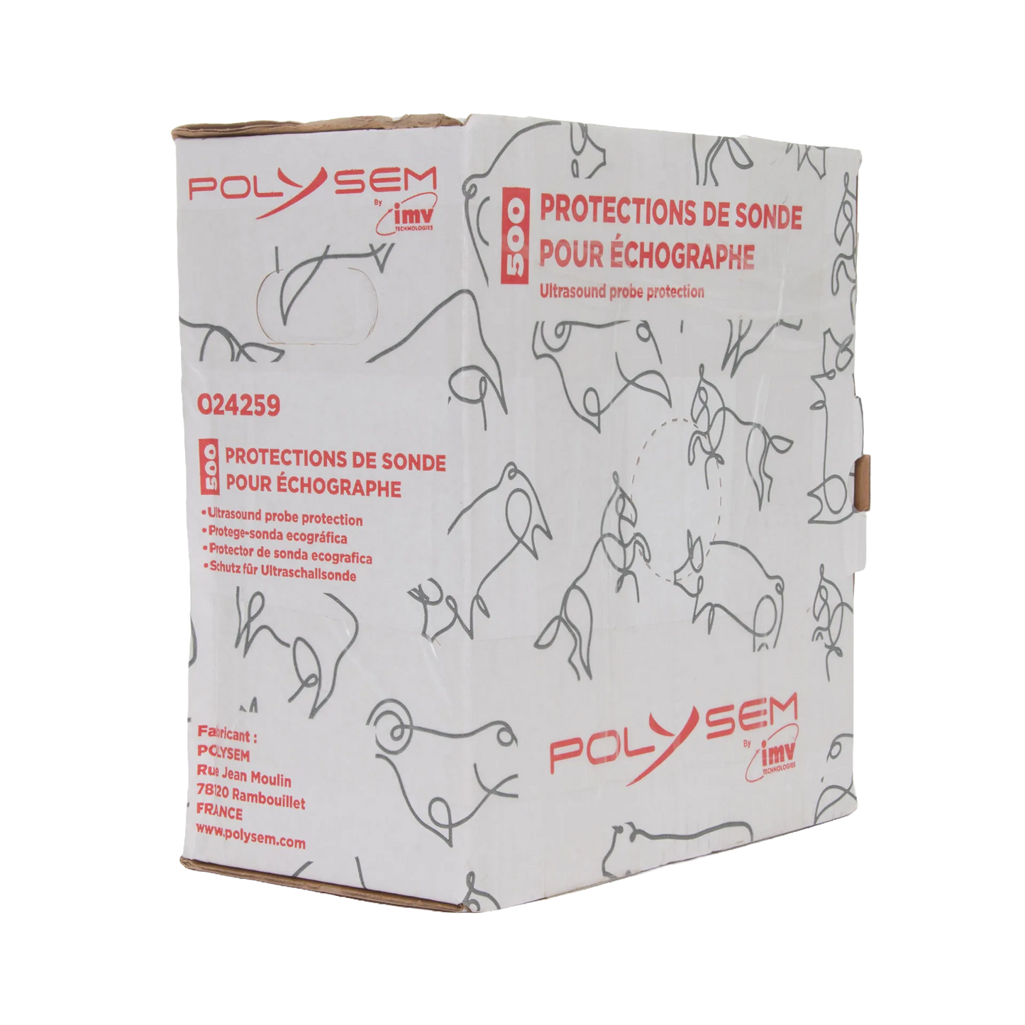 Ultrasound Probe Protector,"White product box with red printing shown at an angle"