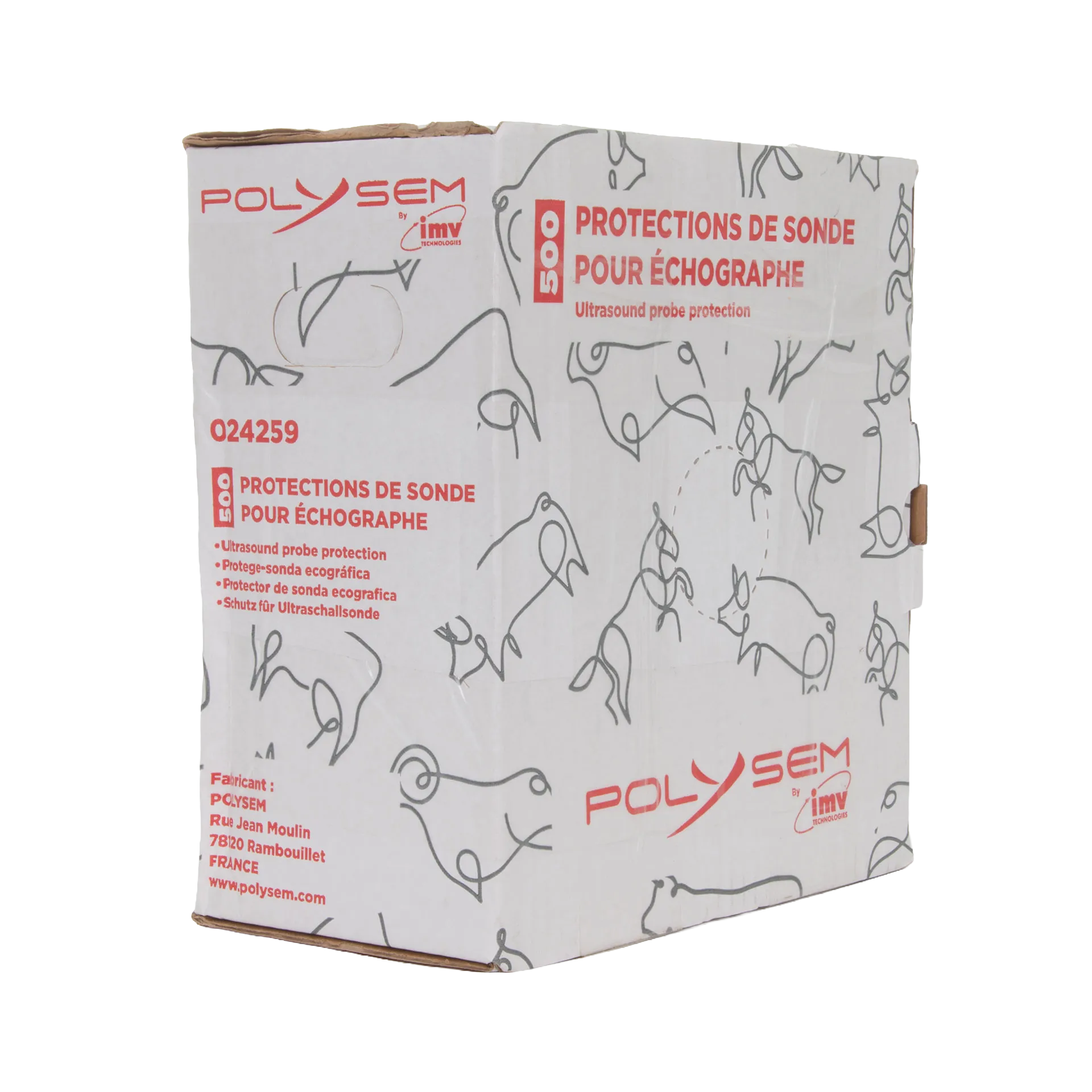 Ultrasound Probe Protector,"White product box with red printing shown at an angle"