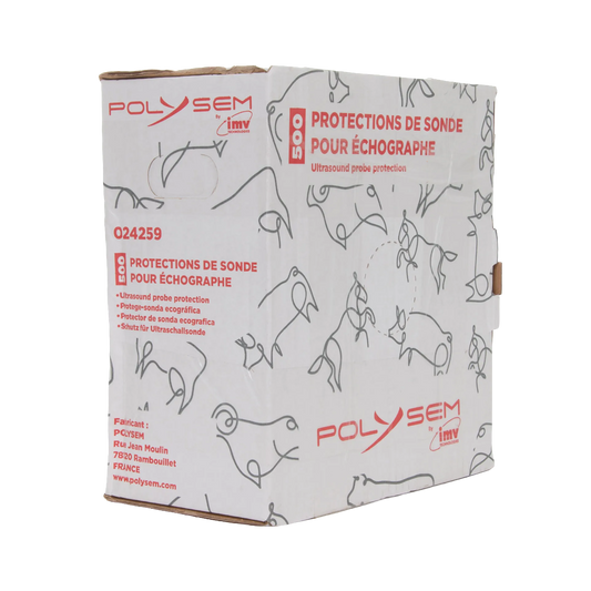 Ultrasound Probe Protector,"White product box with red printing shown at an angle"