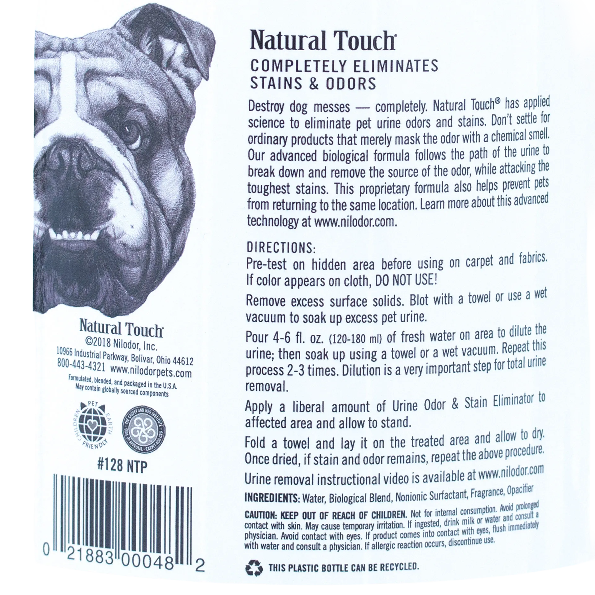 Natural Touch® Urine Odor & Stain Eliminator,"Back label with bulldog illustration and directions"