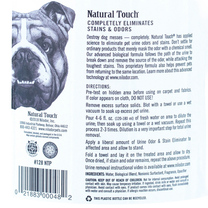 Natural Touch® Urine Odor & Stain Eliminator,"Back label with bulldog illustration and directions"