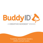 BuddyID® ISO Microchip,"Orange and gray logo with pet silhouette"