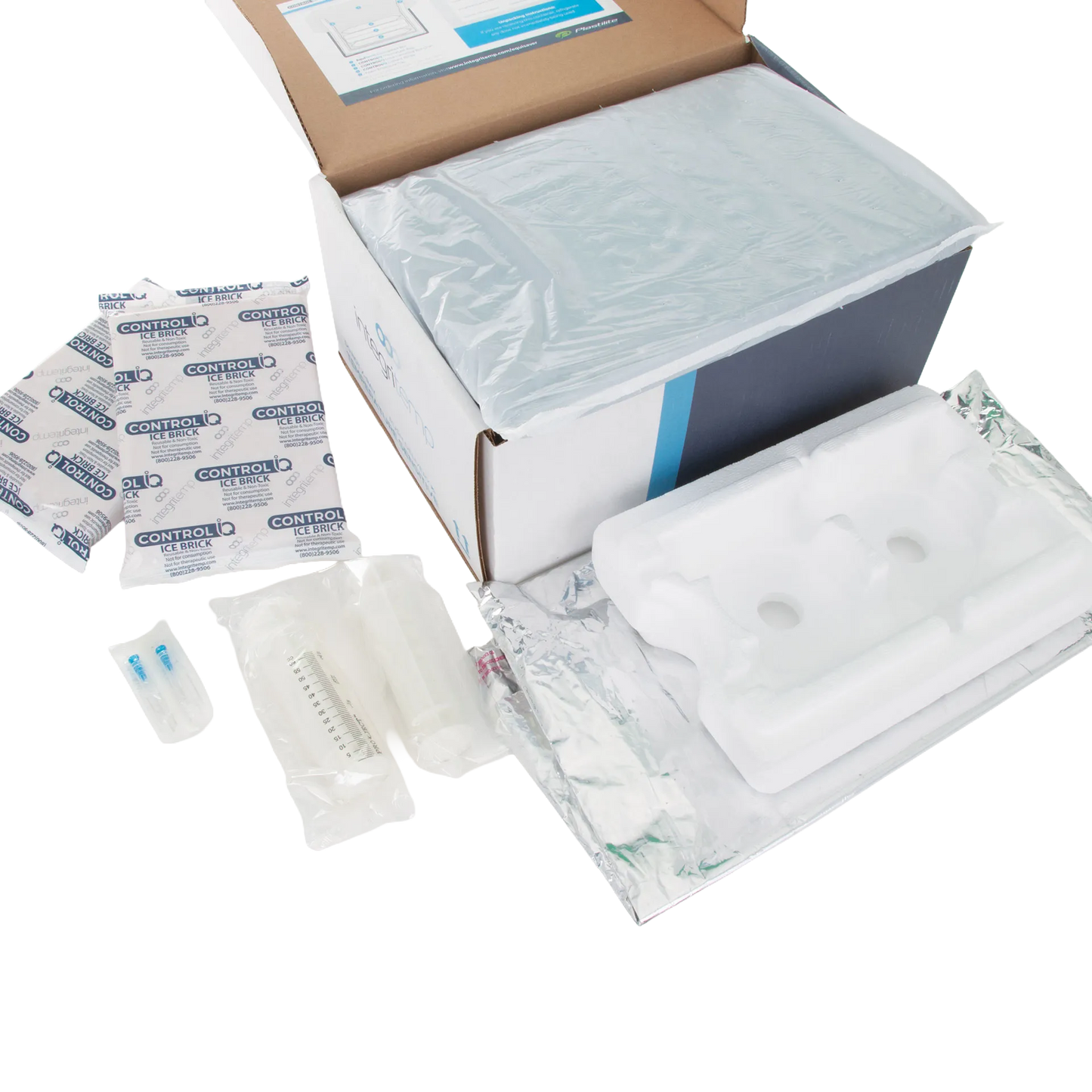 EquiSaver Cooled Semen Shipper,"Open shipping kit with ice packs, foam insert, and syringe"