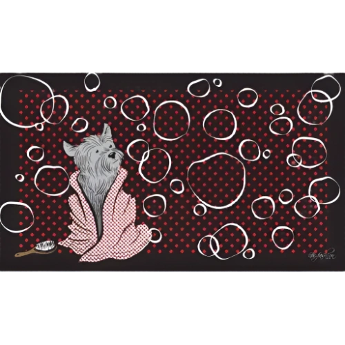 Sink Bathing Mat,"Dog in bathrobe with bubble pattern bath mat"