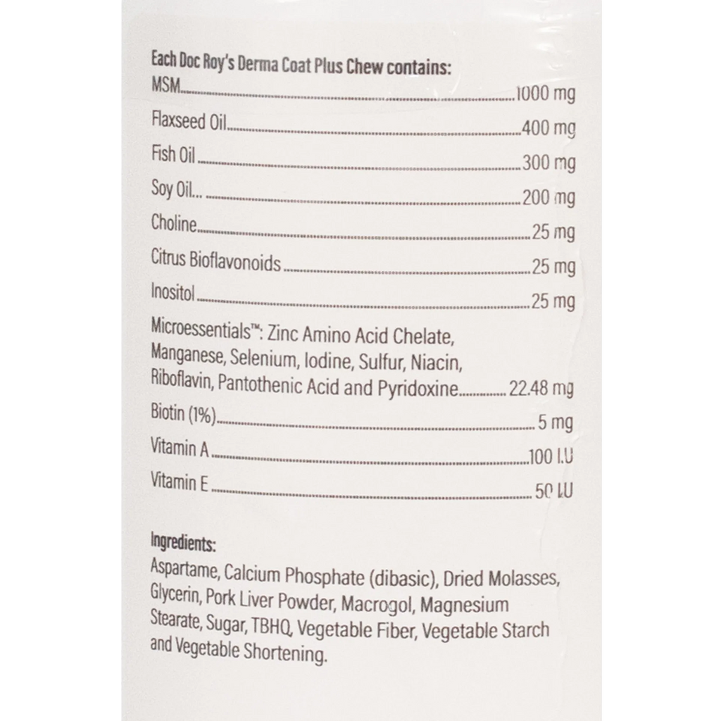 Doc Roy's® Derma Coat Plus,"Back label with supplement facts and ingredients panel"