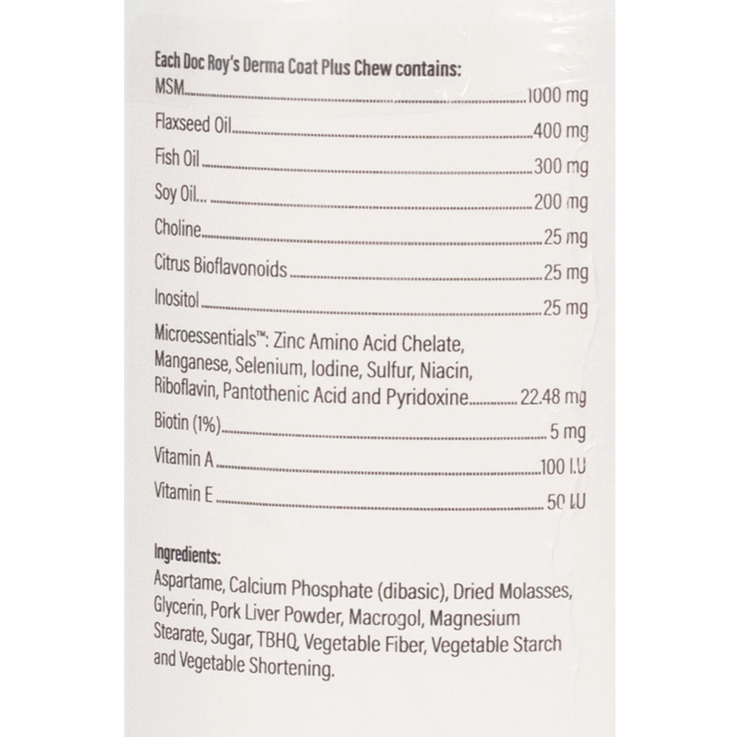 Doc Roy's® Derma Coat Plus,"Back label with supplement facts and ingredients panel"
