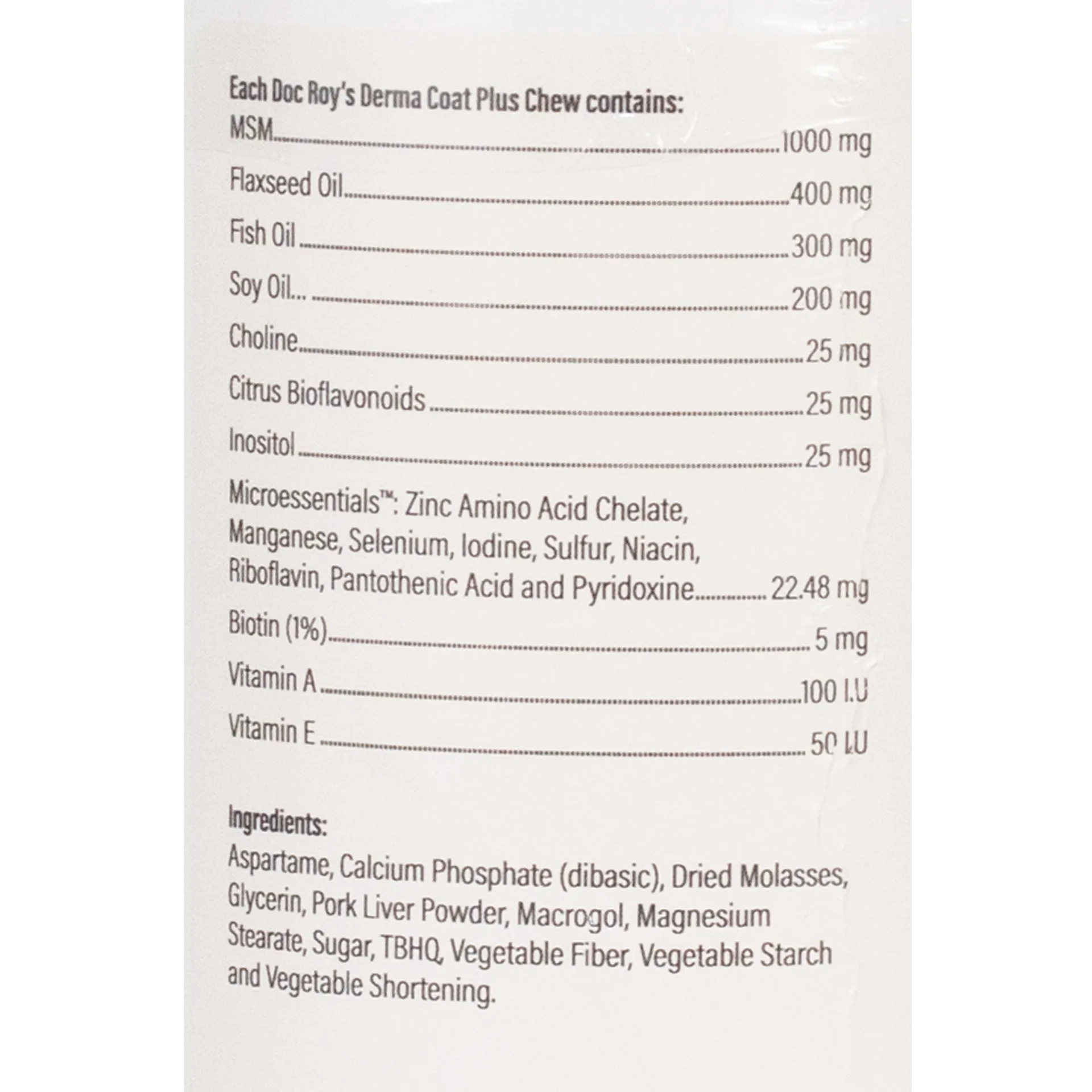 Doc Roy's® Derma Coat Plus,"Back label with supplement facts and ingredients panel"