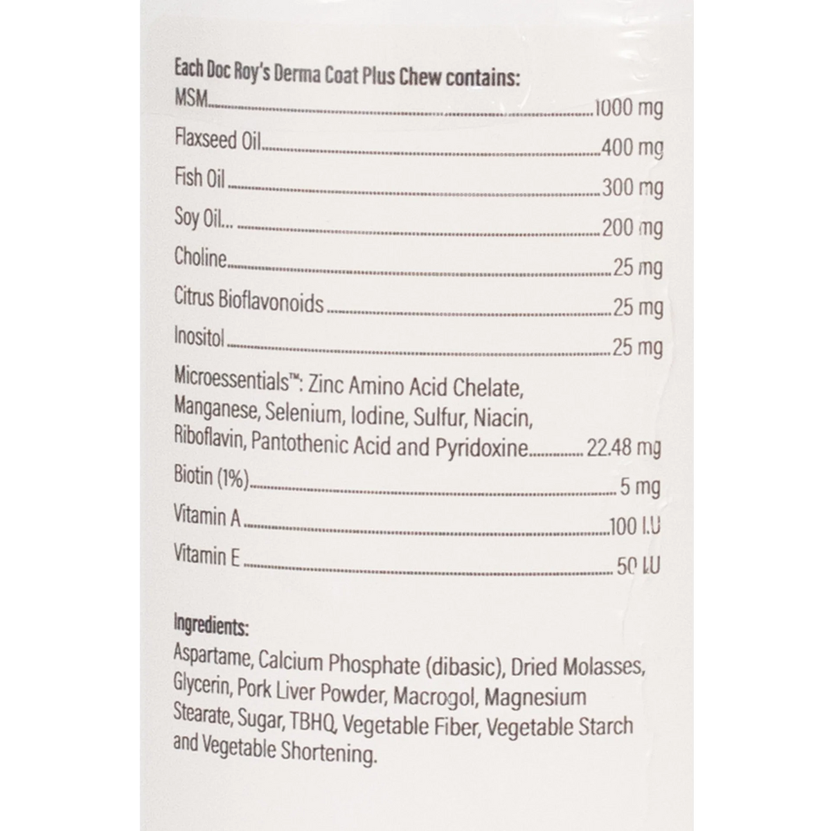 Doc Roy's® Derma Coat Plus,"Back label with supplement facts and ingredients panel"