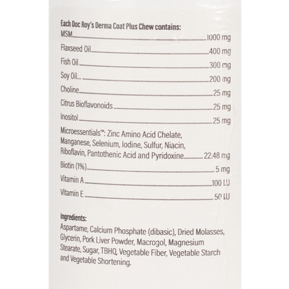 Doc Roy's® Derma Coat Plus,"Back label with supplement facts and ingredients panel"