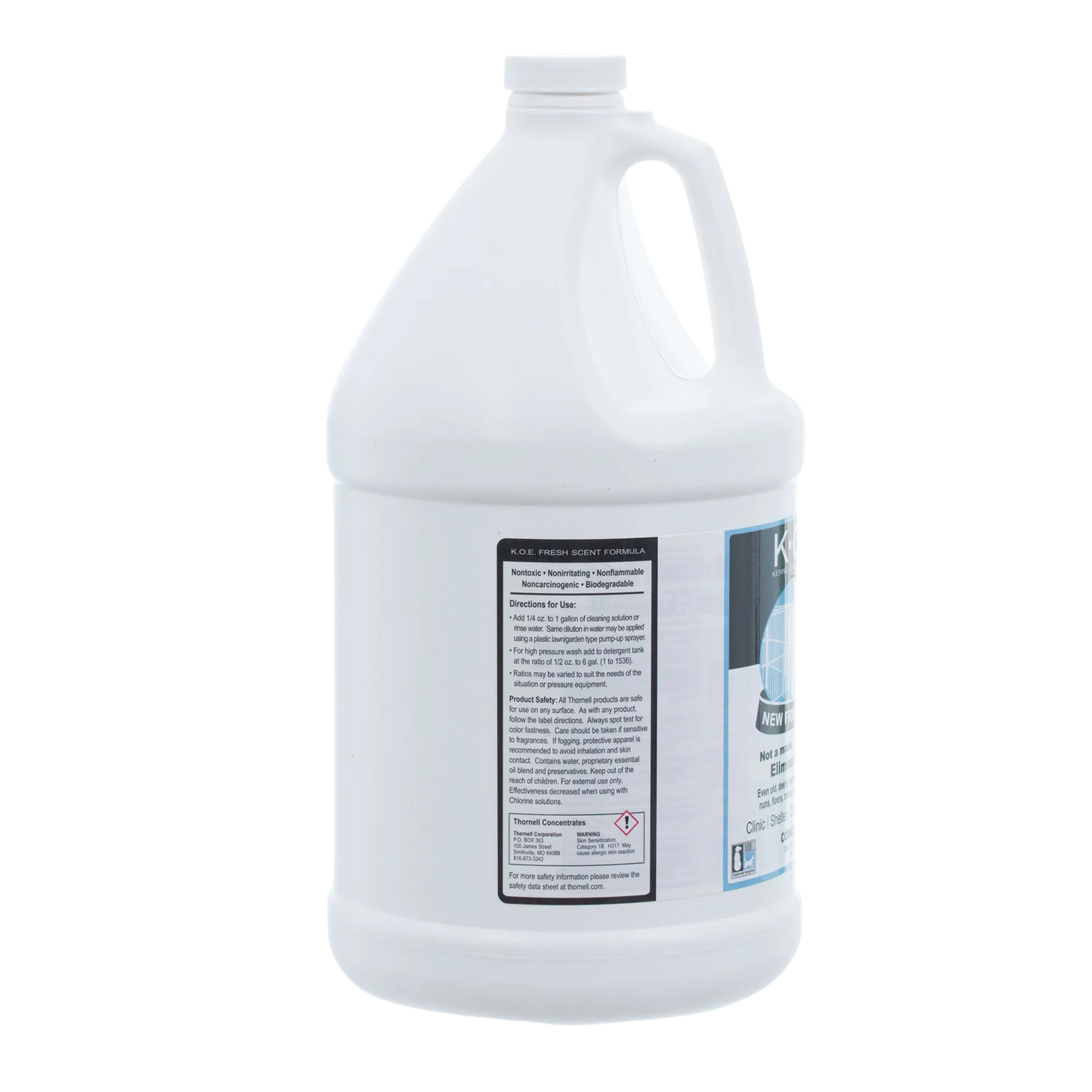 KOE® Kennel Odor Eliminator,"White gallon jug with handle and front label"