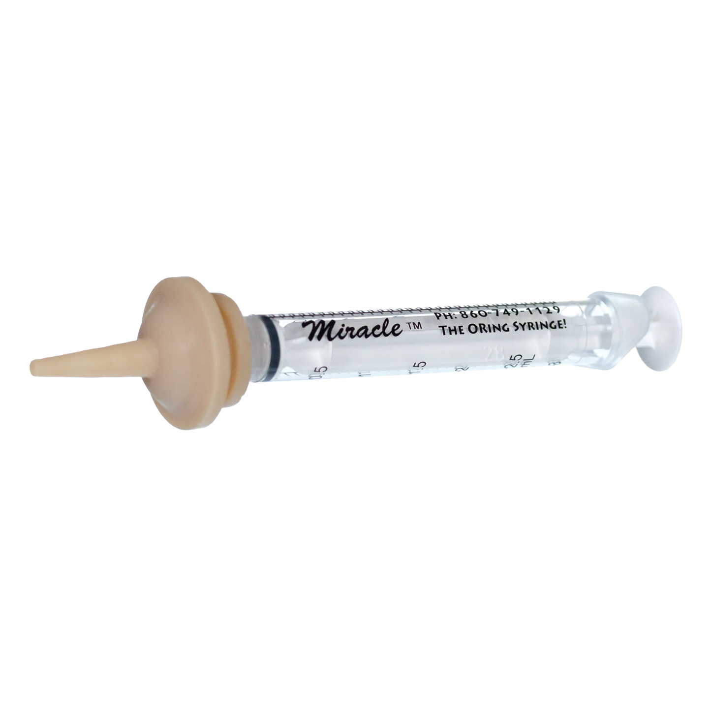 "The Miracle Nipple® for Kittens, Puppies, and Small Mammals","Clear syringe with beige feeding nipple attached"