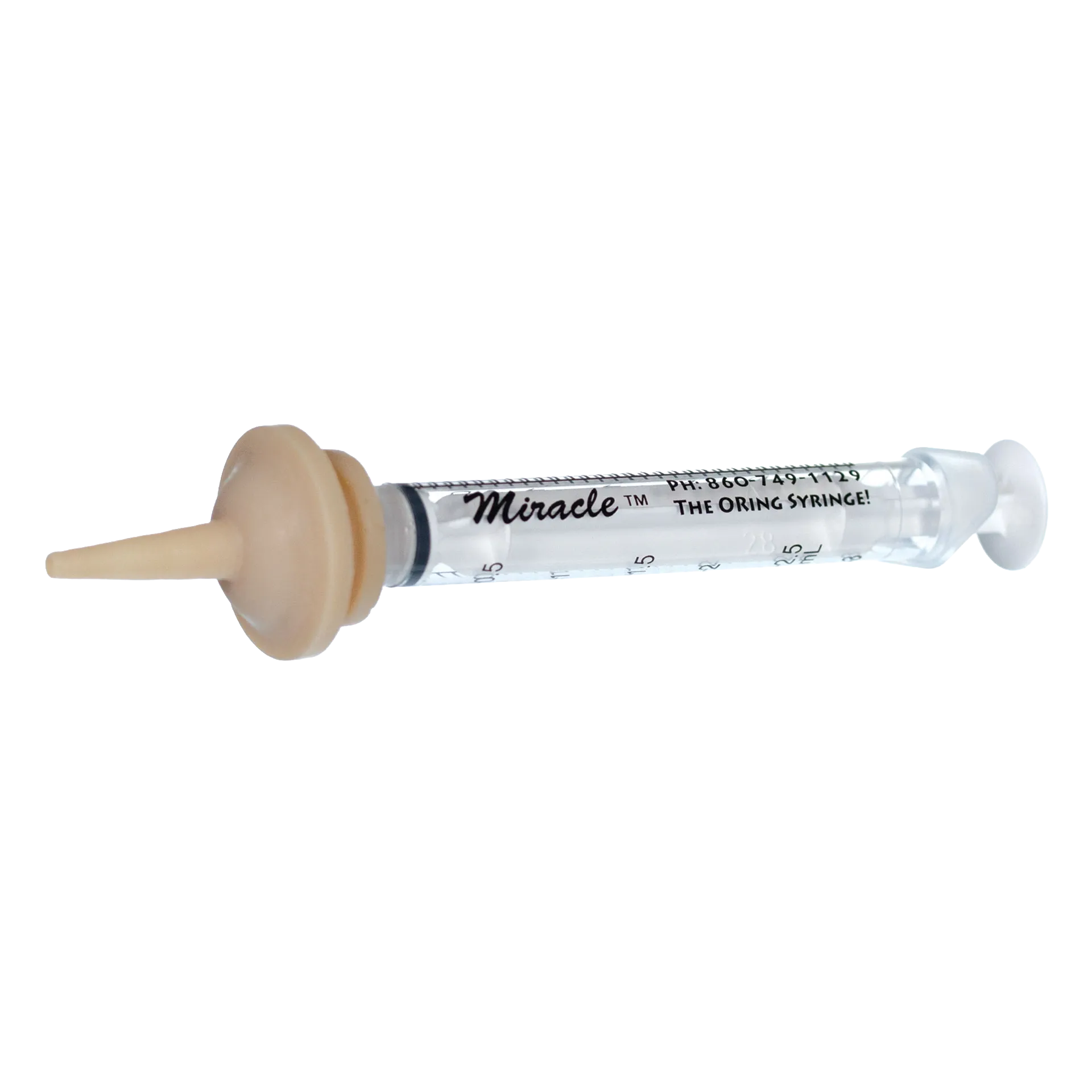 "The Miracle Nipple® for Kittens, Puppies, and Small Mammals","Clear syringe with beige feeding nipple attached"