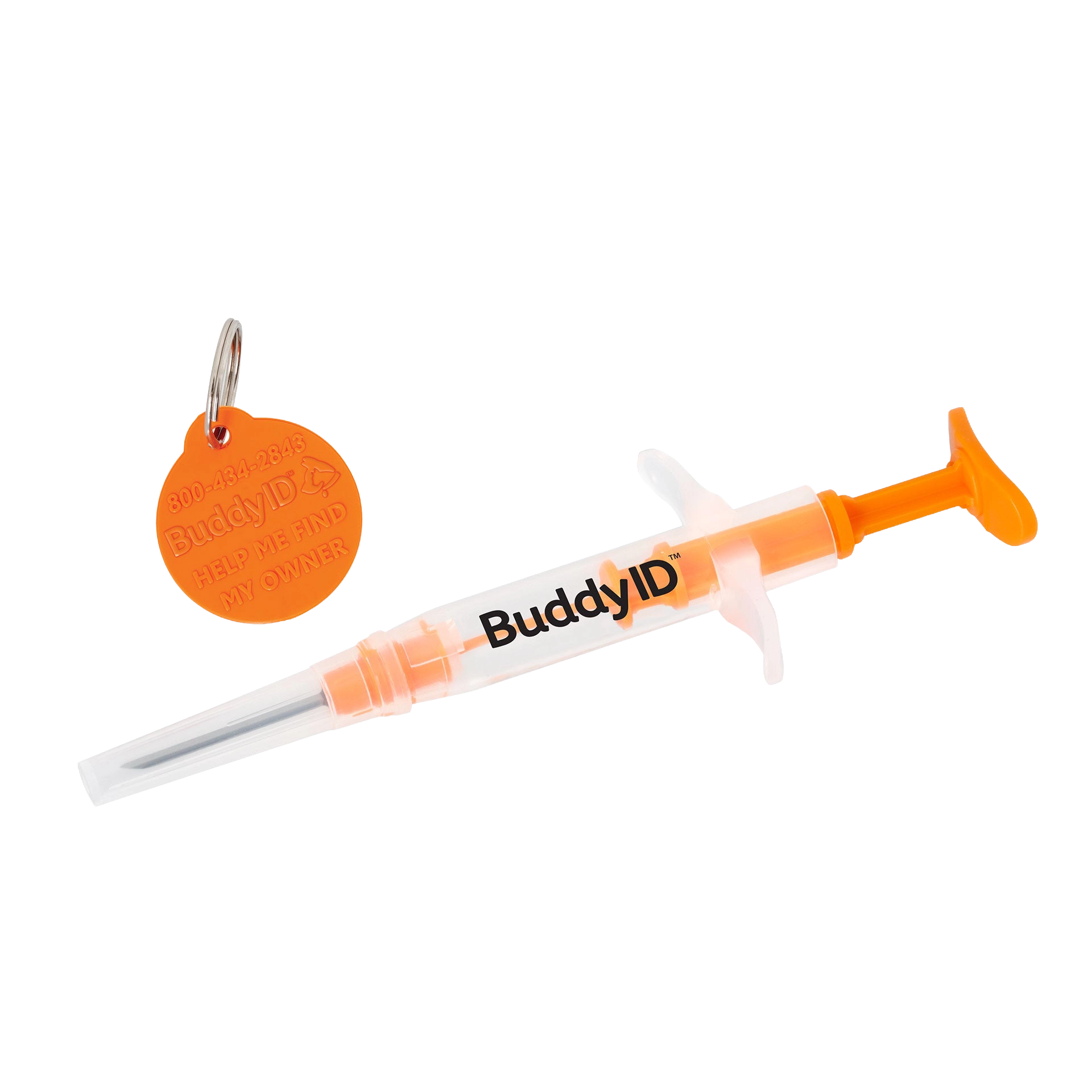 BuddyID®  ISO Microchip,"Orange syringe with cap and round ID tag"