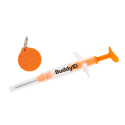 BuddyID®  ISO Microchip,"Orange syringe with cap and round ID tag"