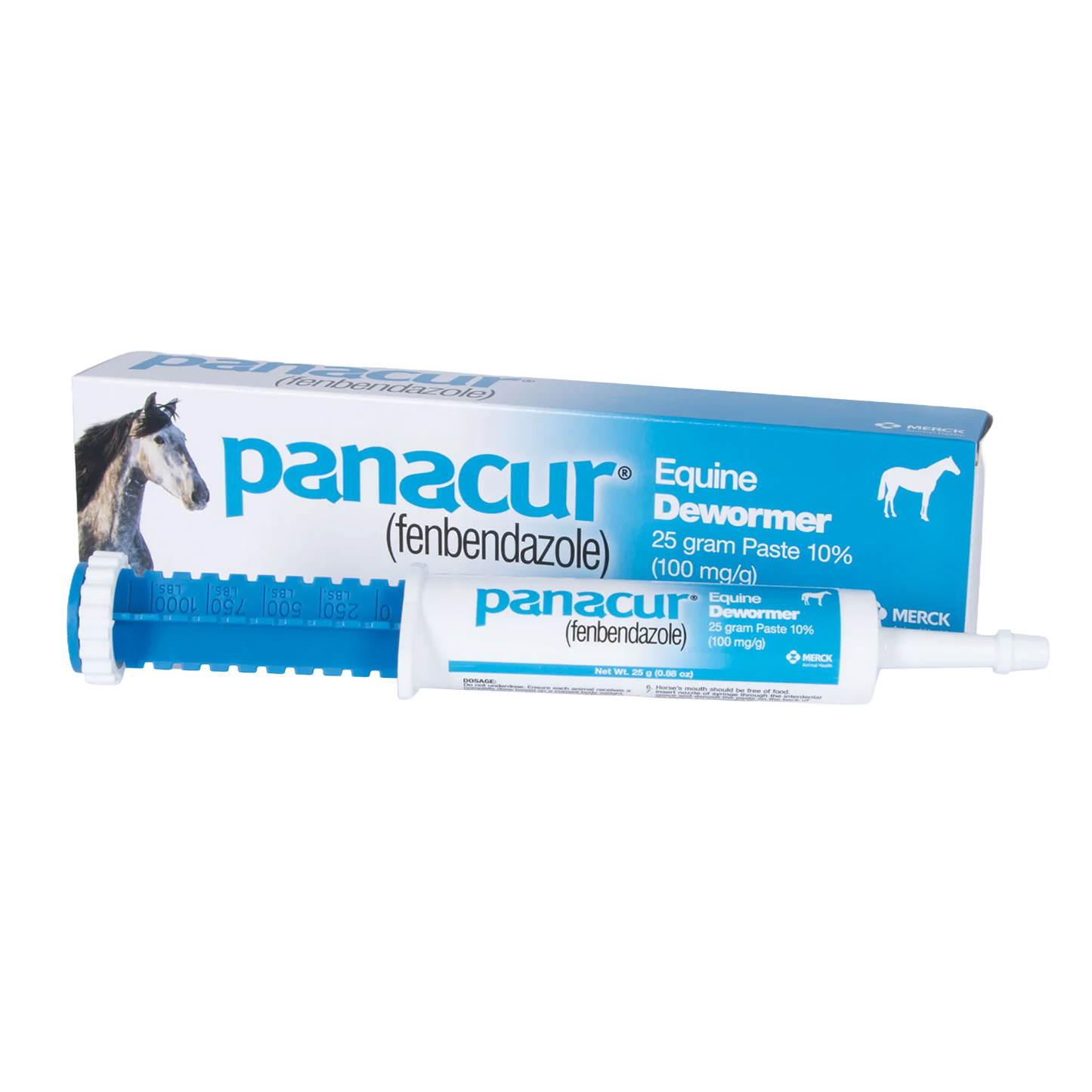 Panacur® Equine Paste Horse Dewormer,"Paste syringe with blue dosing ring and product box"