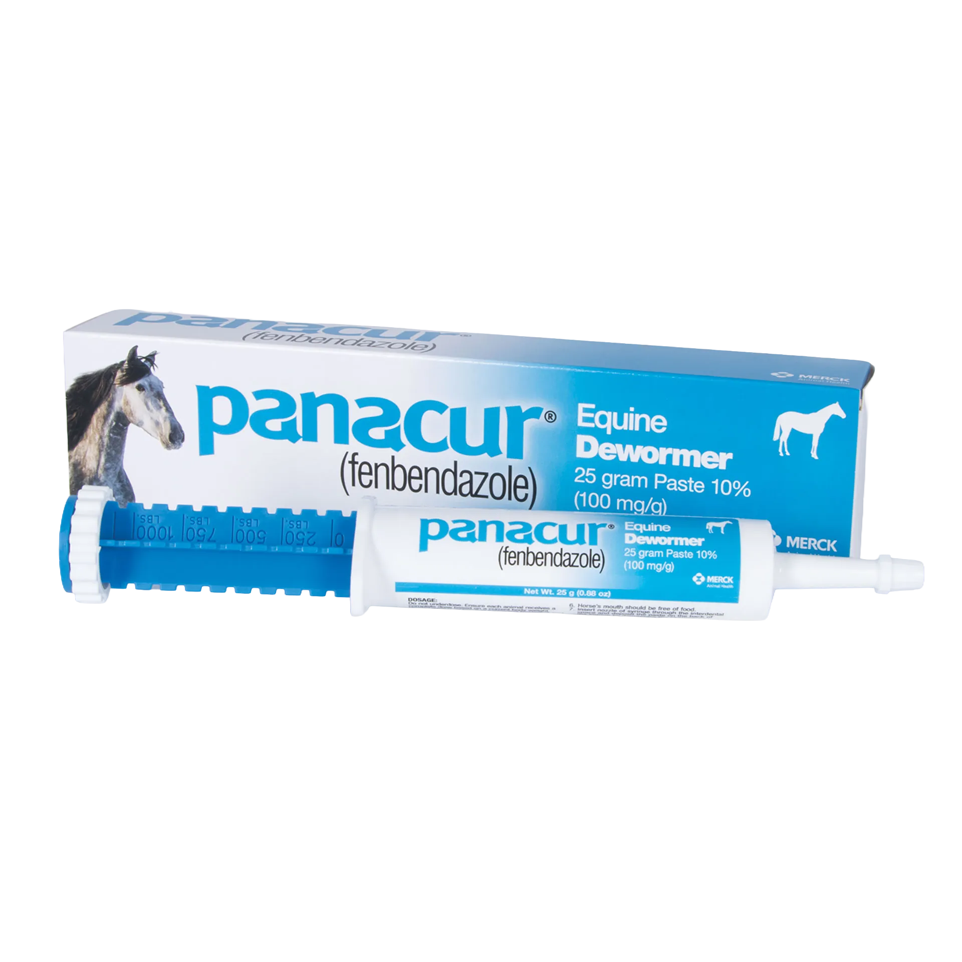Panacur® Equine Paste Horse Dewormer,"Paste syringe with blue dosing ring and product box"