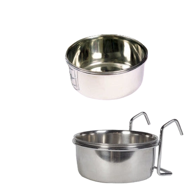 Coop Cups with Wire Hanger,"Two metal coop cups, one with wire hanger"