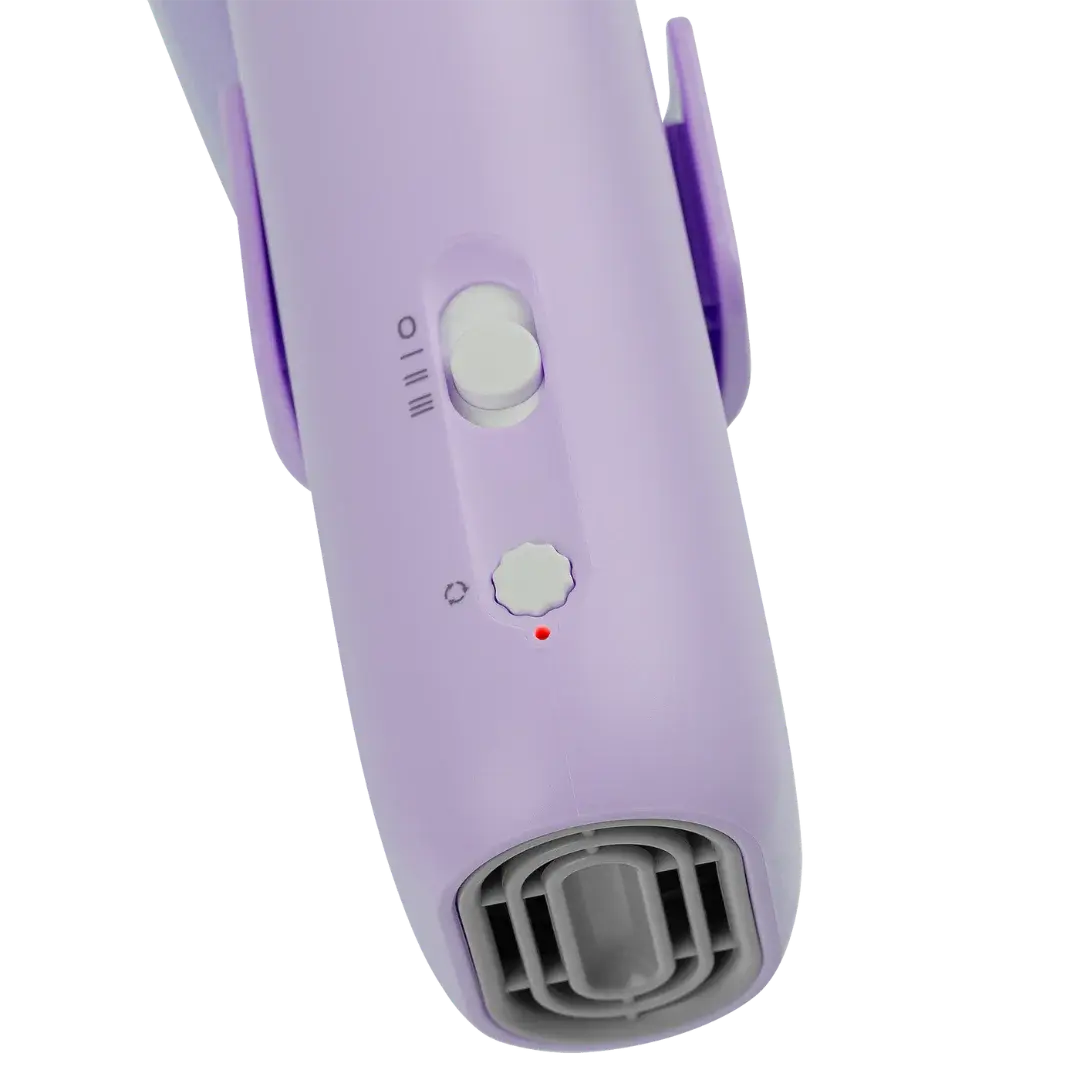 Mini Portable Neck Dryer by TZGroom,"Lavender neck dryer close-up with switch, dial, and vent"