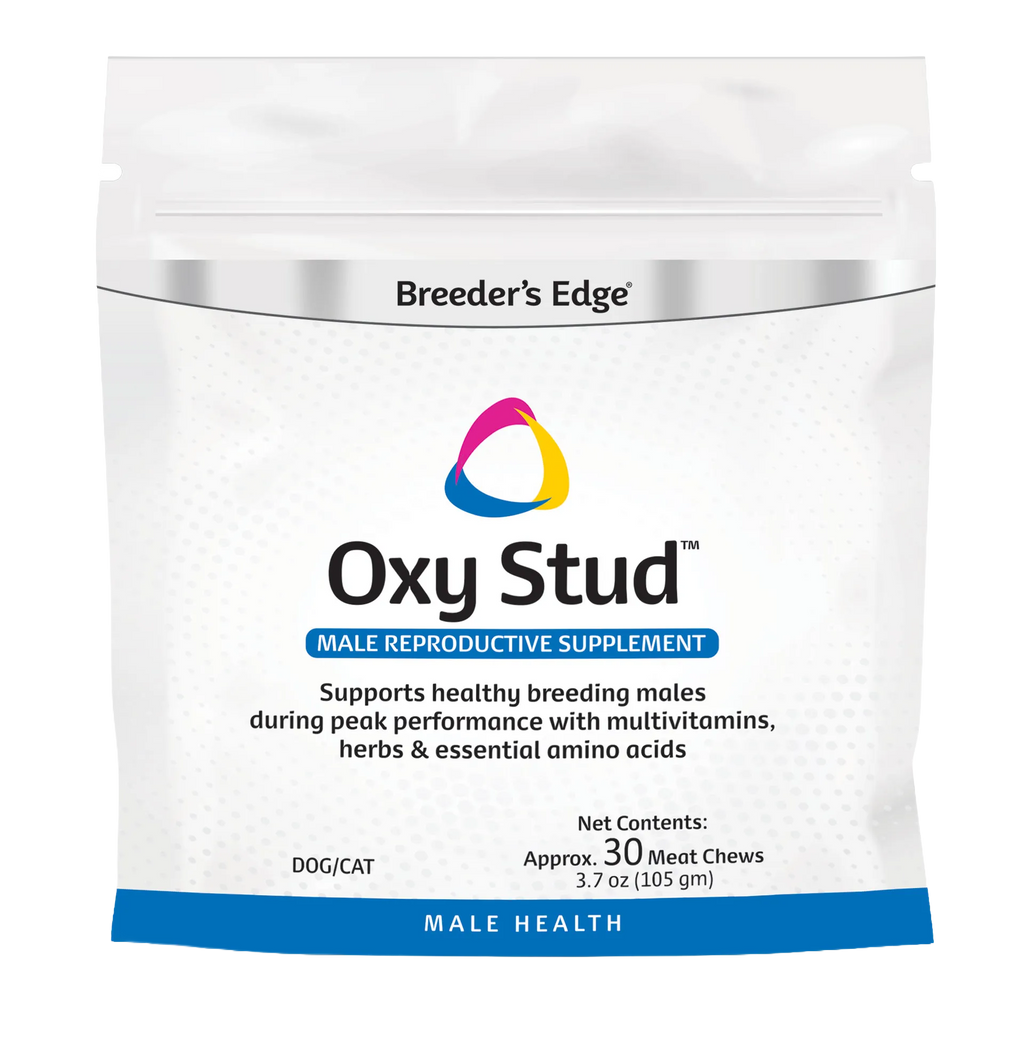 Breeder's Edge® Oxy Stud™,"White stand-up pouch with resealable zipper"