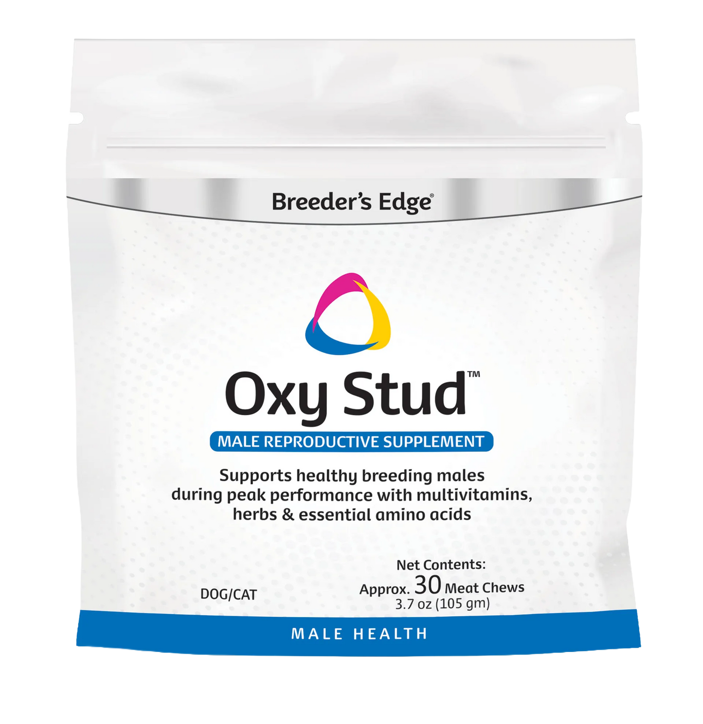 Breeder's Edge® Oxy Stud™,"White stand-up pouch with resealable zipper"