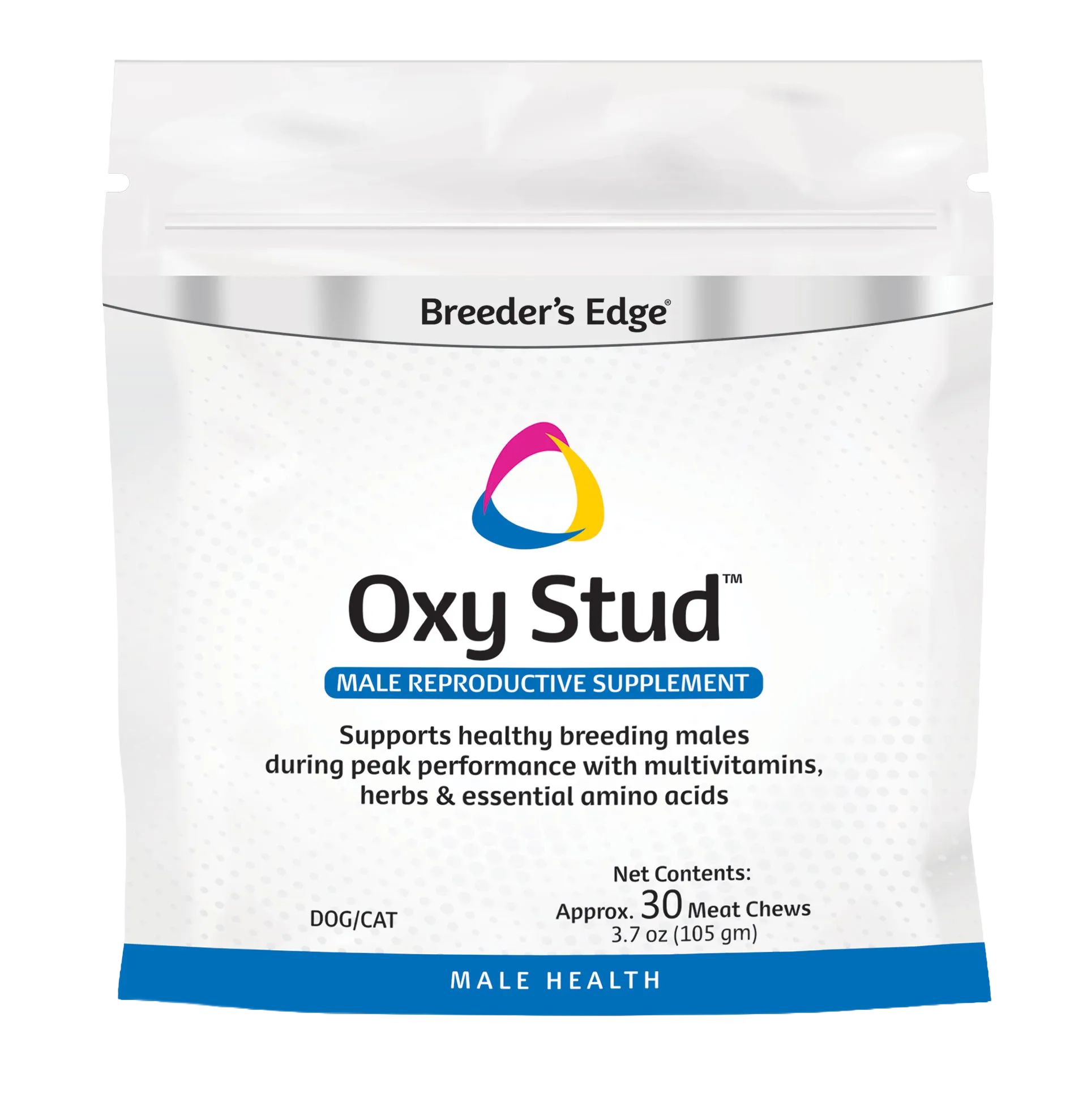 Breeder's Edge® Oxy Stud™,"White stand-up pouch with resealable zipper"