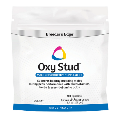 Breeder's Edge® Oxy Stud™,"White stand-up pouch with resealable zipper"